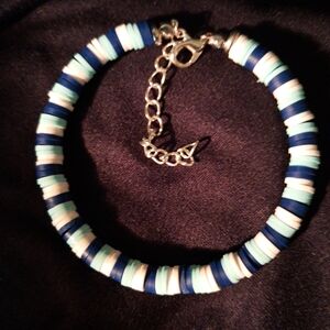 Handmade Clay Bead Bracelet, Blue And White, Memory Wire, Extender